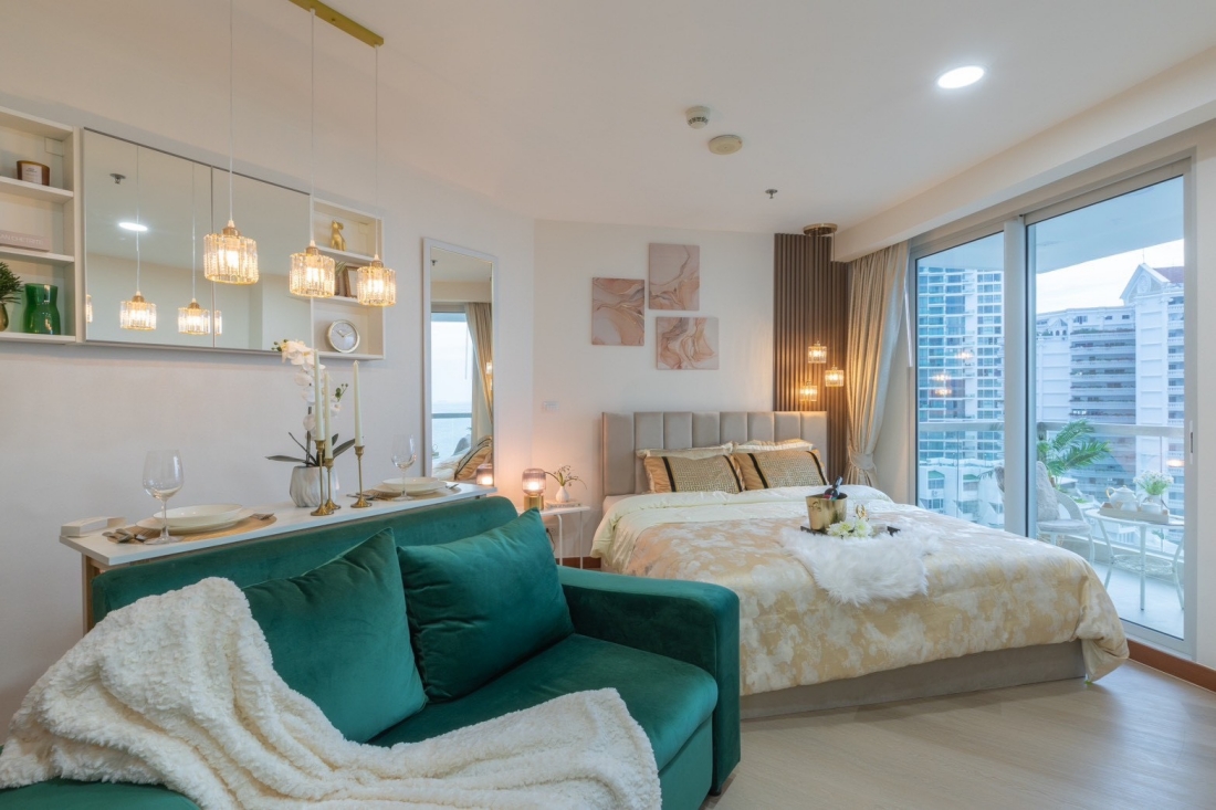 KT0302🌴The Palm Wongamat🏄‍♂️Studio 33ตรม ตึก B ชั้นสูง🏖️พร้อมเฟอร์นิเจอร์